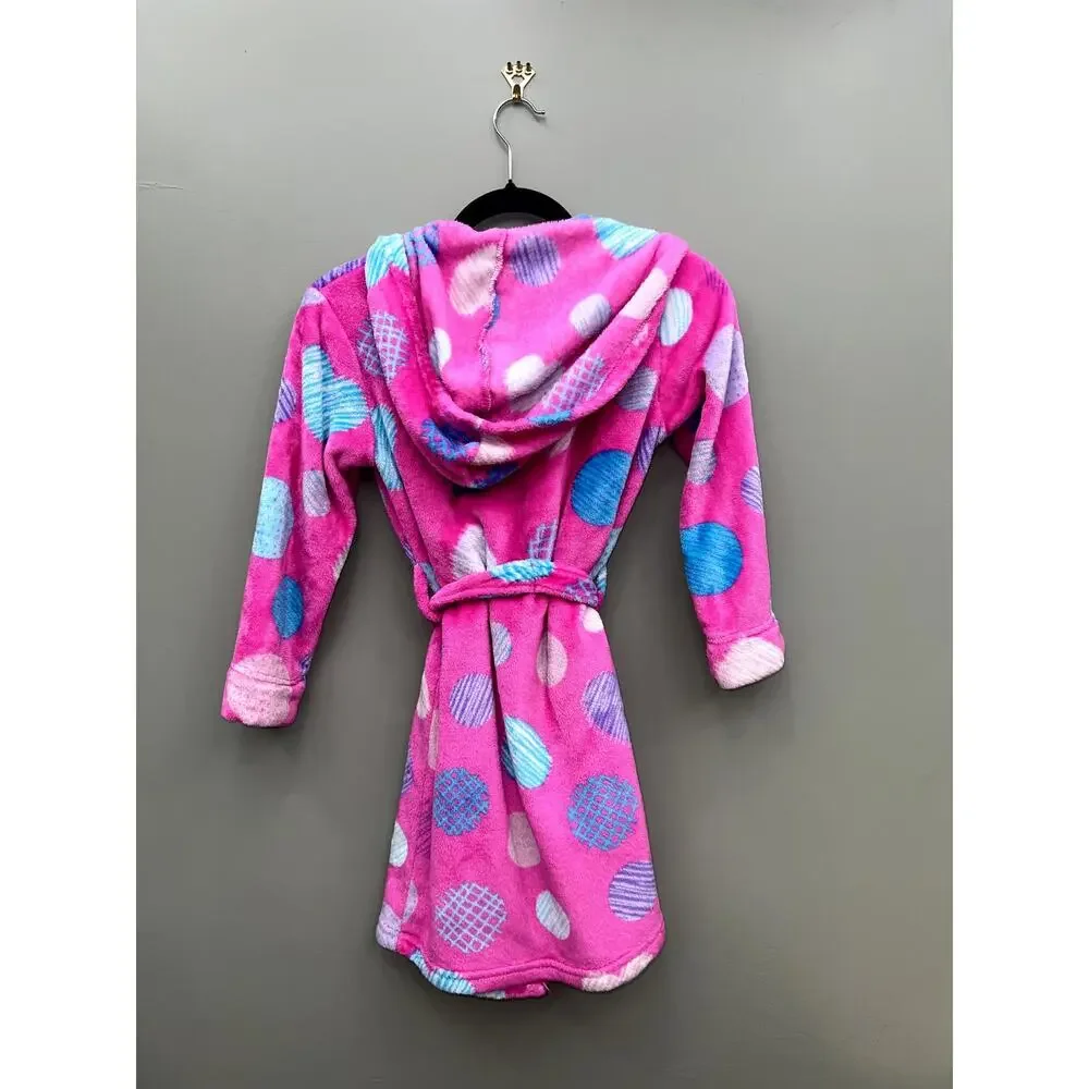 Komar Kids Plush Hooded Robe Pink Polka Dot Hearts Cozy Bathrobe Size 7/8